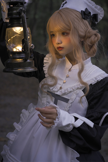 ランタンエンジェルメイドロリータドレス＋エプロン＋つけ襟