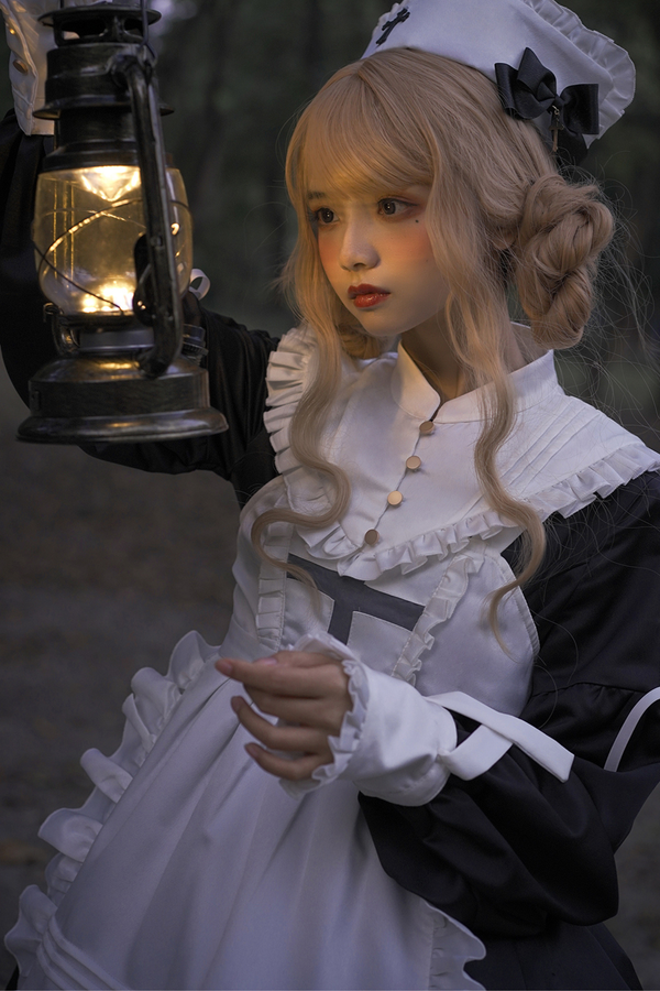 ランタンエンジェルメイドロリータドレス＋エプロン＋つけ襟