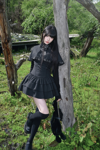 Ruffled Cape Design Low Rise Lace Dress