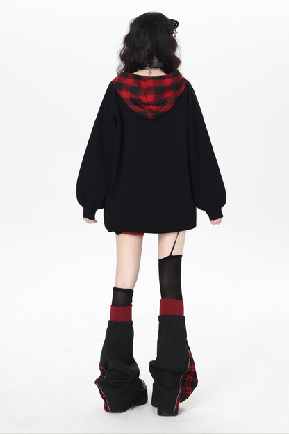 パンクガールチェックフードルーズセーター