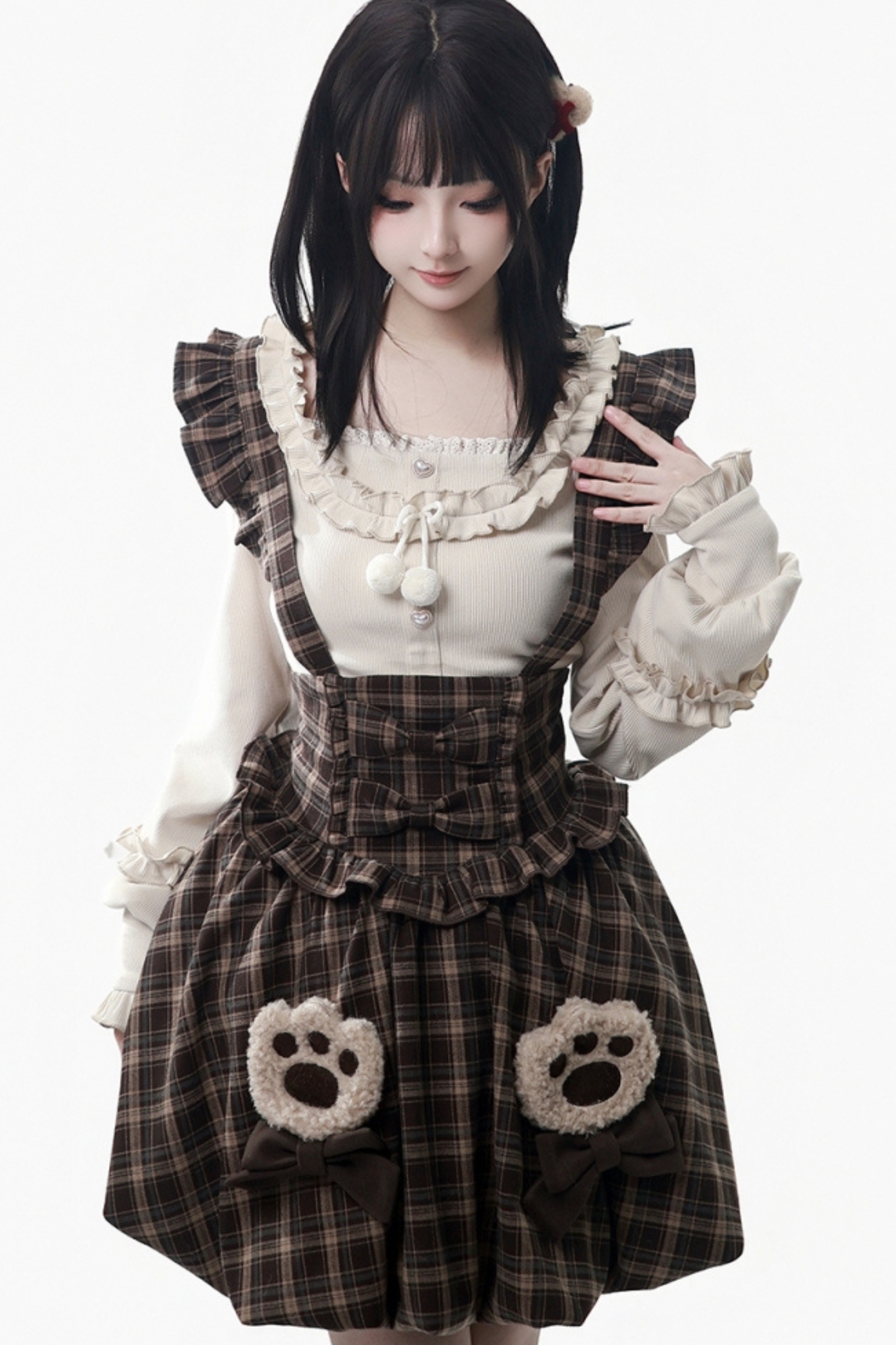 ベルベットベアフードケープ+トップス+サスペンダースカート+レッグカバー