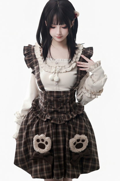 ベルベットベアフードケープ+トップス+サスペンダースカート+レッグカバー