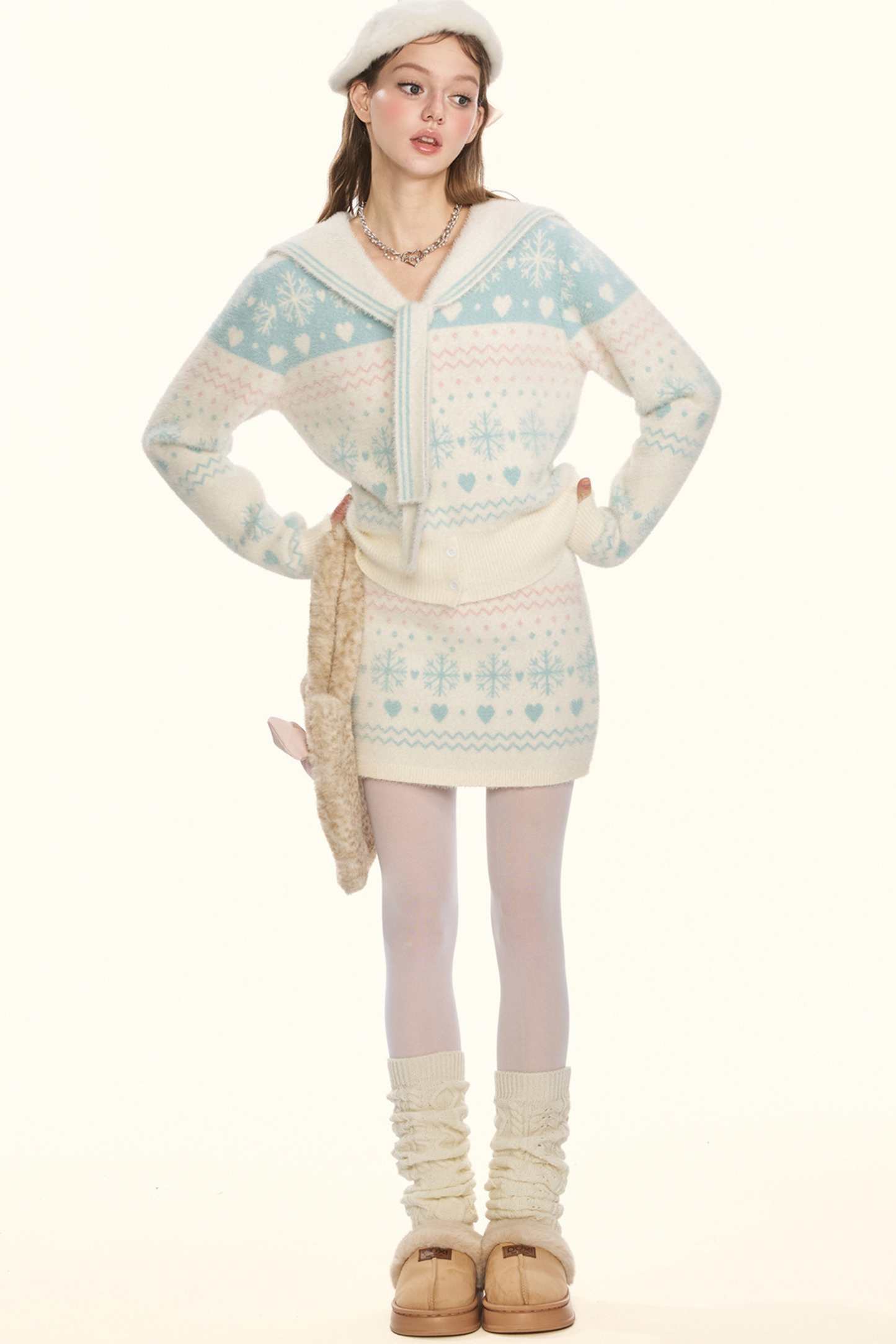 Snowflake sailor collar knit + tight skirt