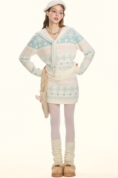 Snowflake sailor collar knit + tight skirt