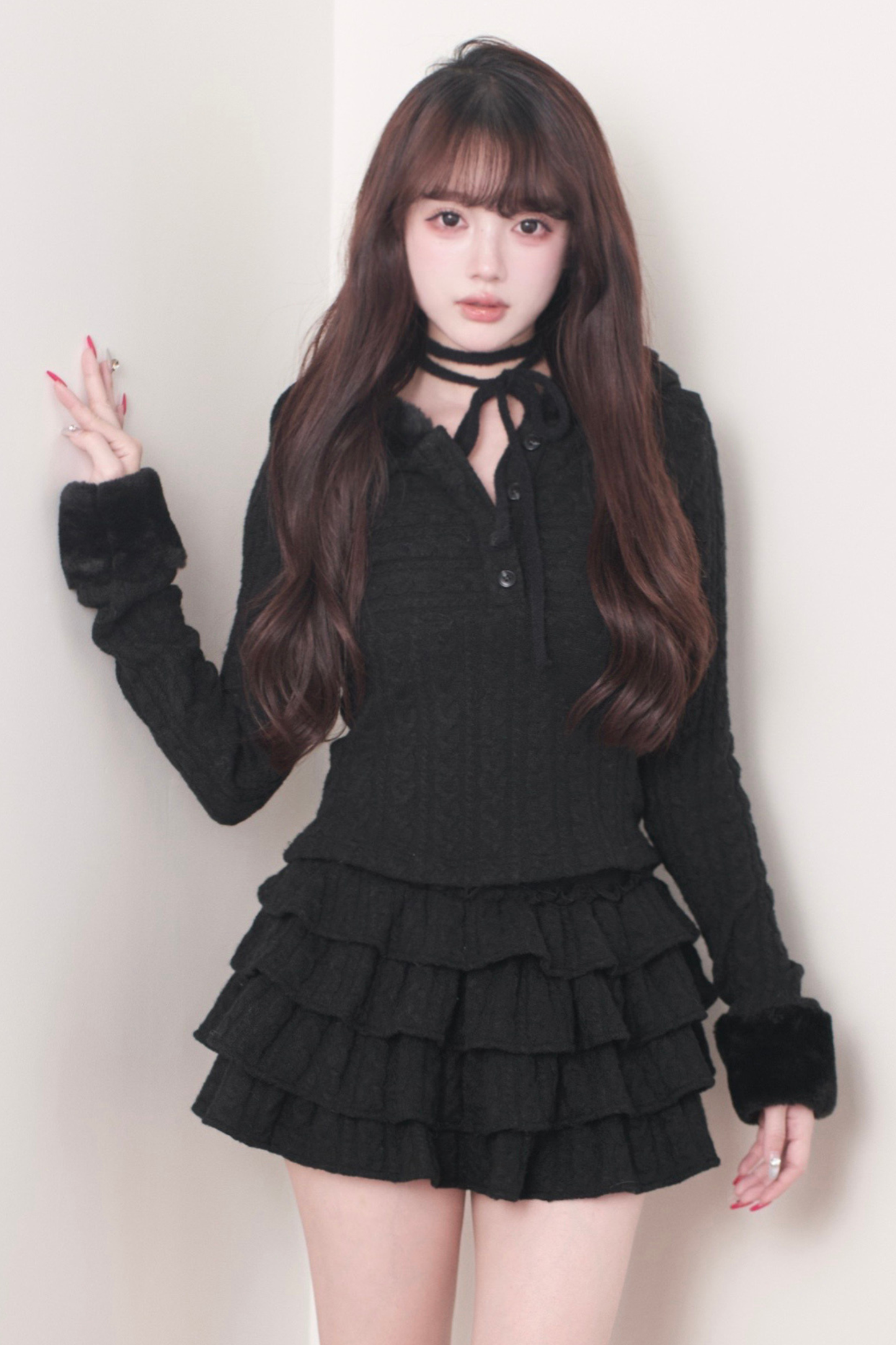 ケーブルニットトップス+ティアードスカート