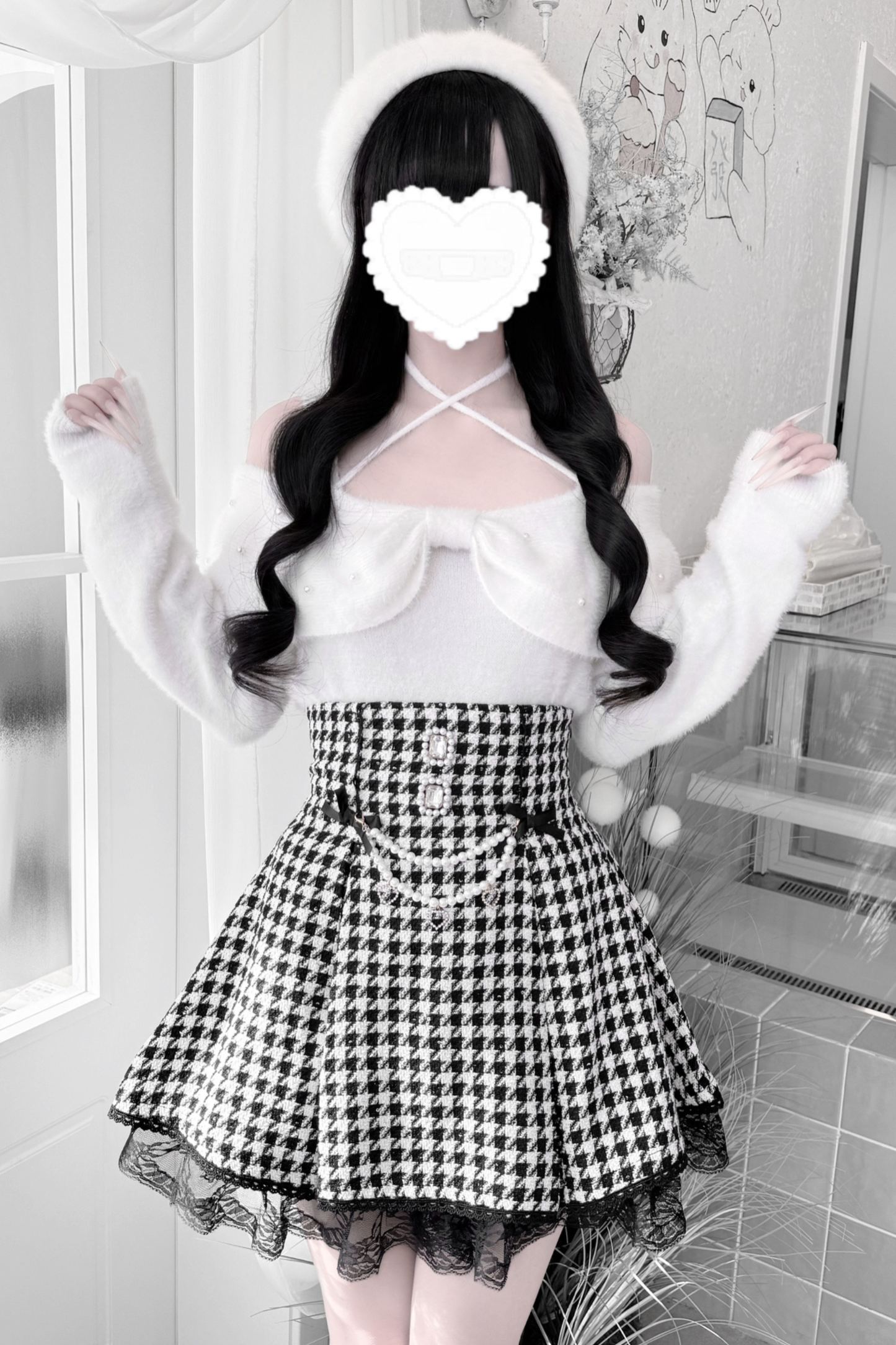 Ribbon mink velvet off-the-shoulder sweater