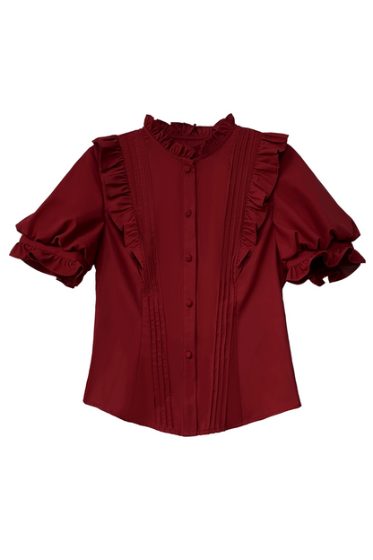(Pre-order item) Wine Red Puff Sleeve Shirt + Balloon Jumperskirt