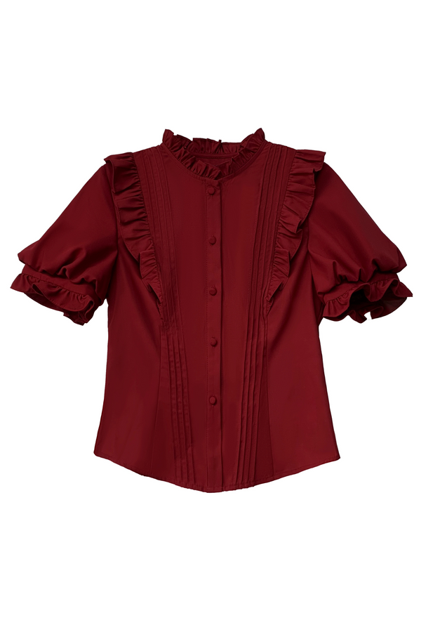 (Pre-order item) Wine Red Puff Sleeve Shirt + Balloon Jumperskirt