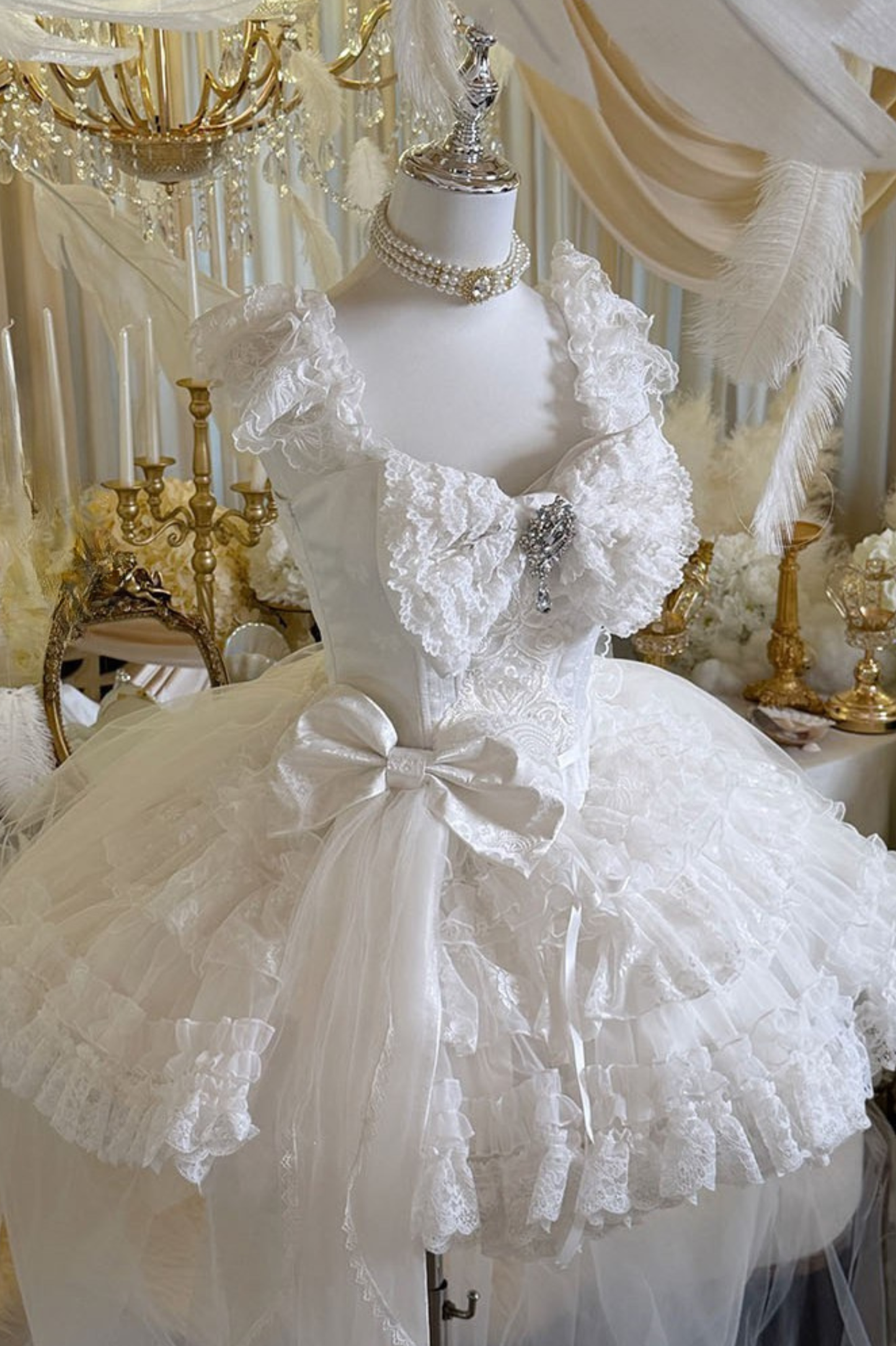 [Vorbestellung bis 4. April]Weißes Feder-Zeremonienkleid + Schal + Schwanz + Schleier + Schleife + Ärmel