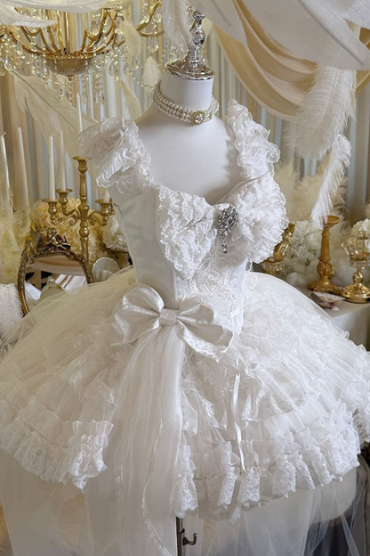 [Vorbestellung bis 4. April]Weißes Feder-Zeremonienkleid + Schal + Schwanz + Schleier + Schleife + Ärmel