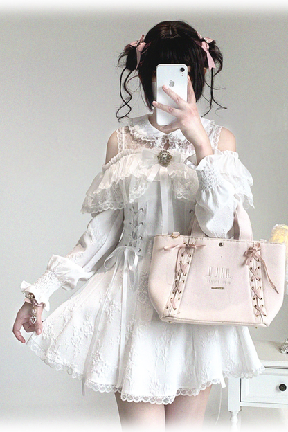 오프숄더 레이스업 레이스 원피스