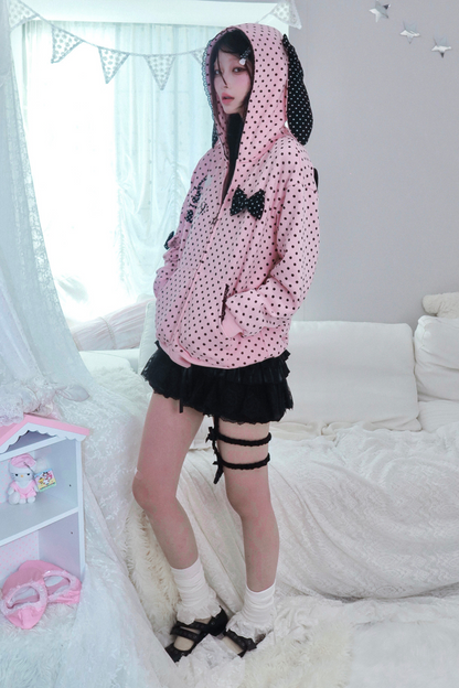 Y2Kガールドットバニーフードパーカー