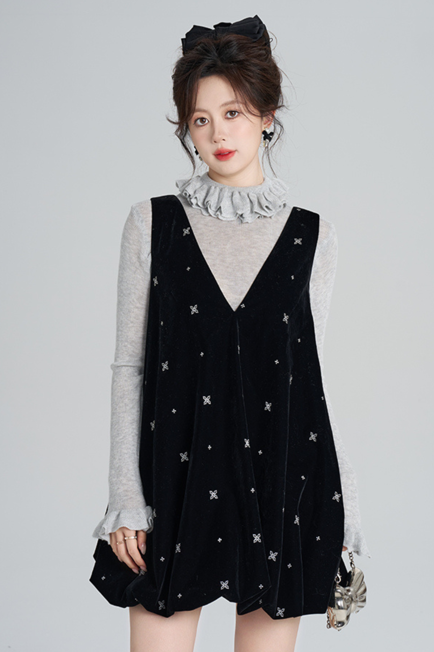 フレンチブラックベルベットリボンバルーンドレス