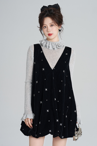 フレンチブラックベルベットリボンバルーンドレス