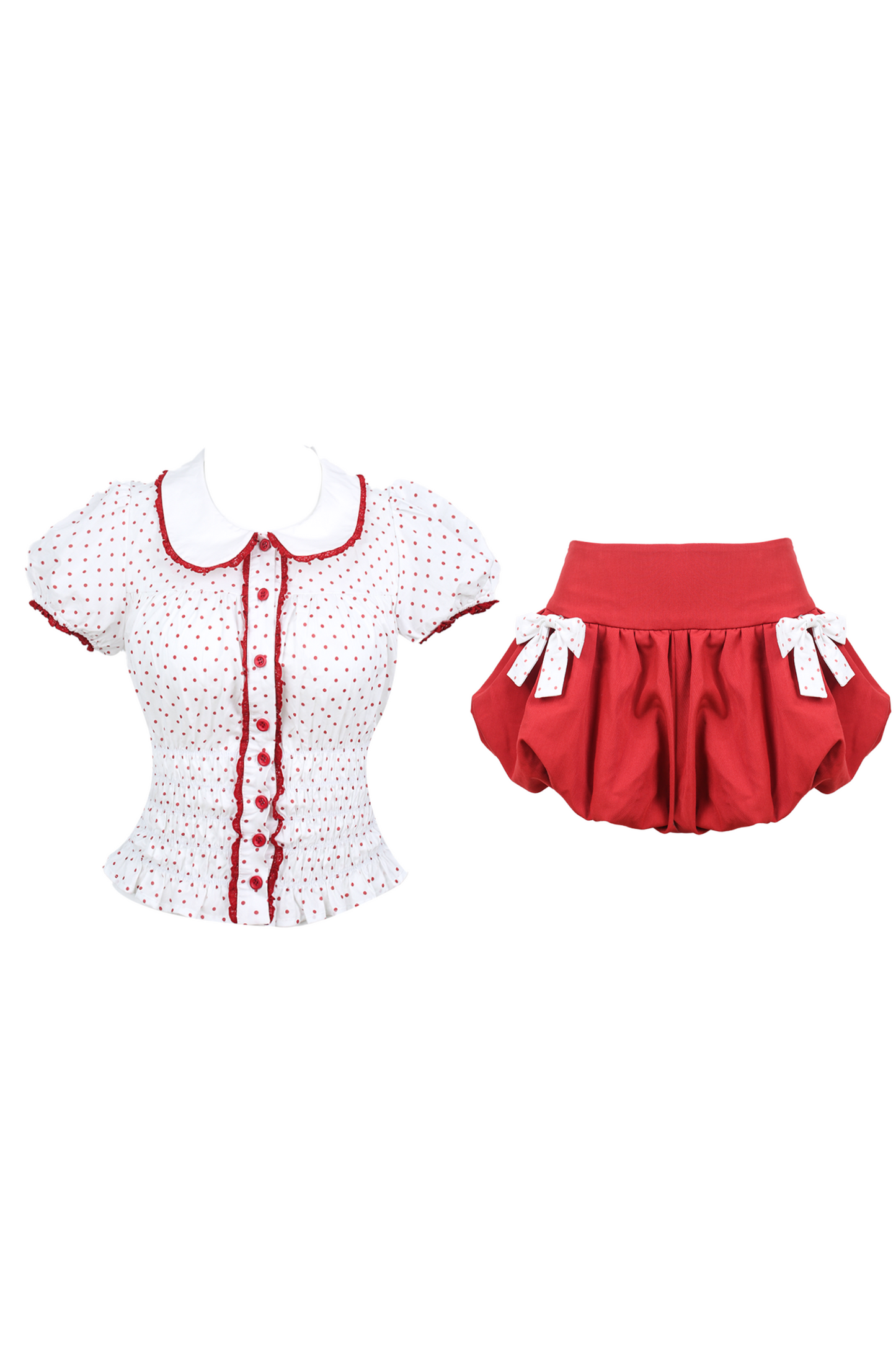 ドットパフスリーブドールシャツ+リボンバルーンスカートパンツ