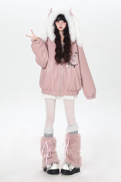 Rabbit Fur Hooded Leather Jacket