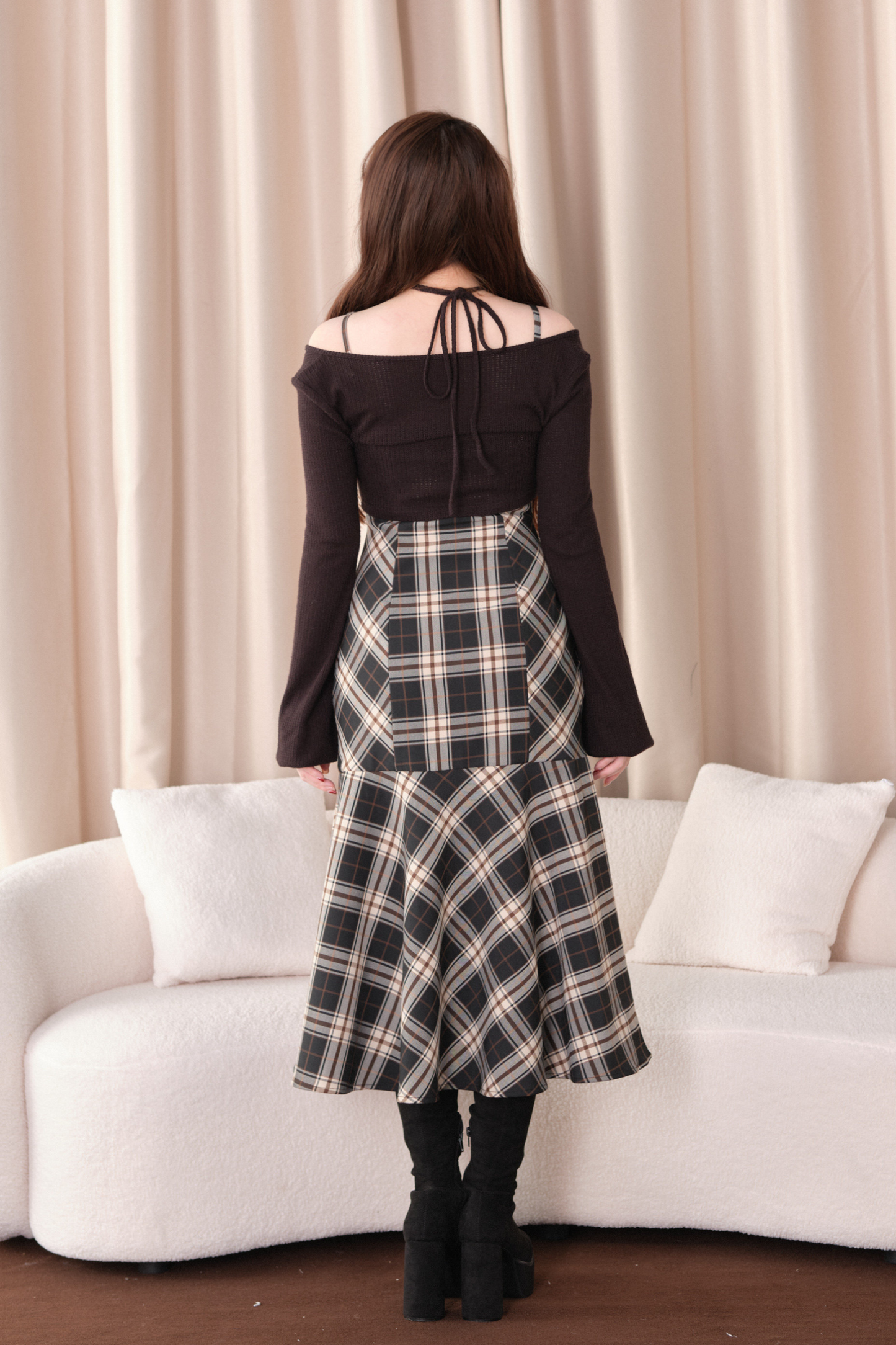 체크 슬릿 원피스 + 탑