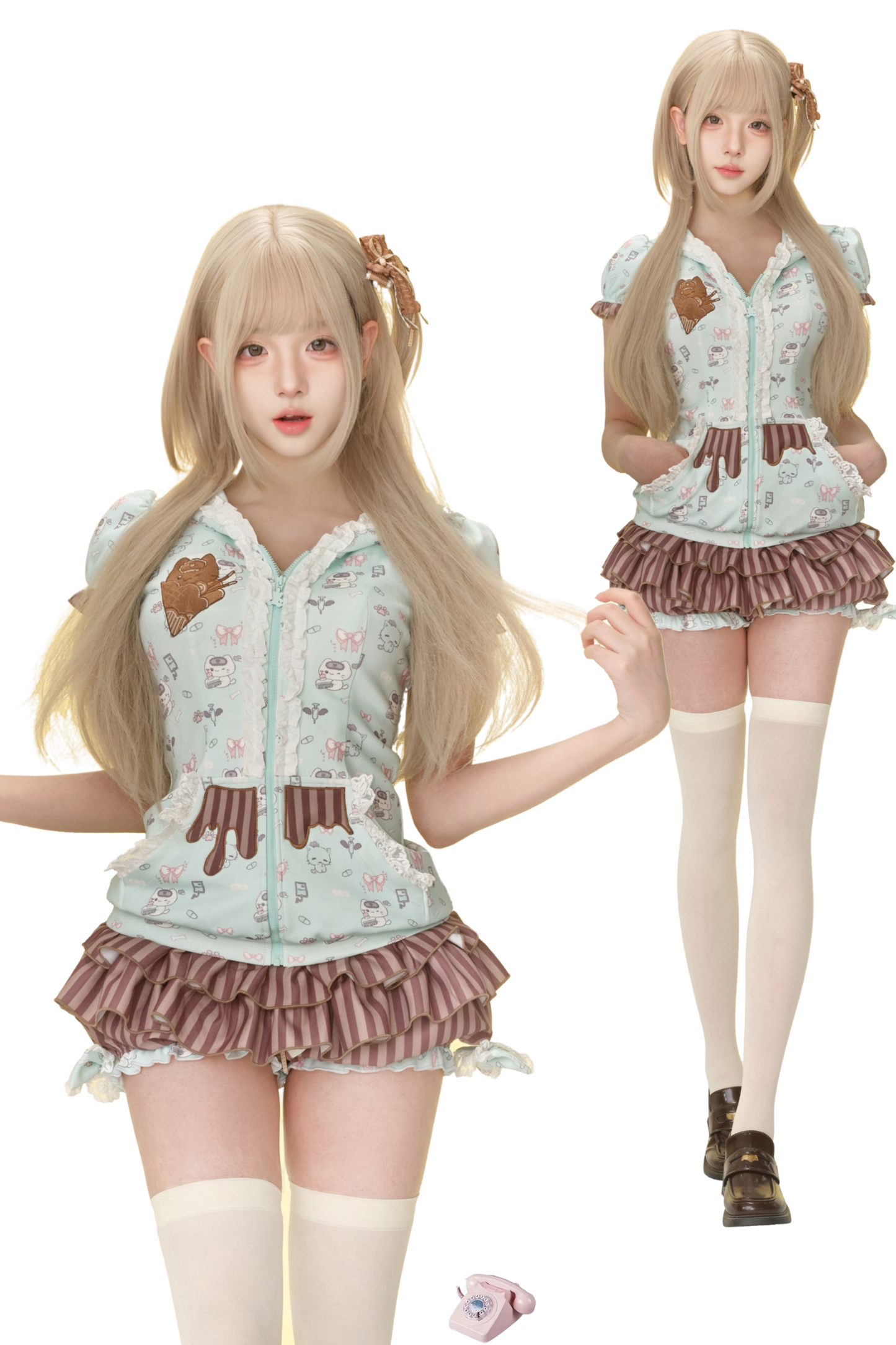 ミントグリーンプリントジャケット＆ケーキスカート