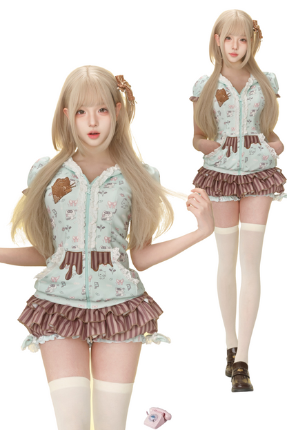 ミントグリーンプリントジャケット＆ケーキスカート