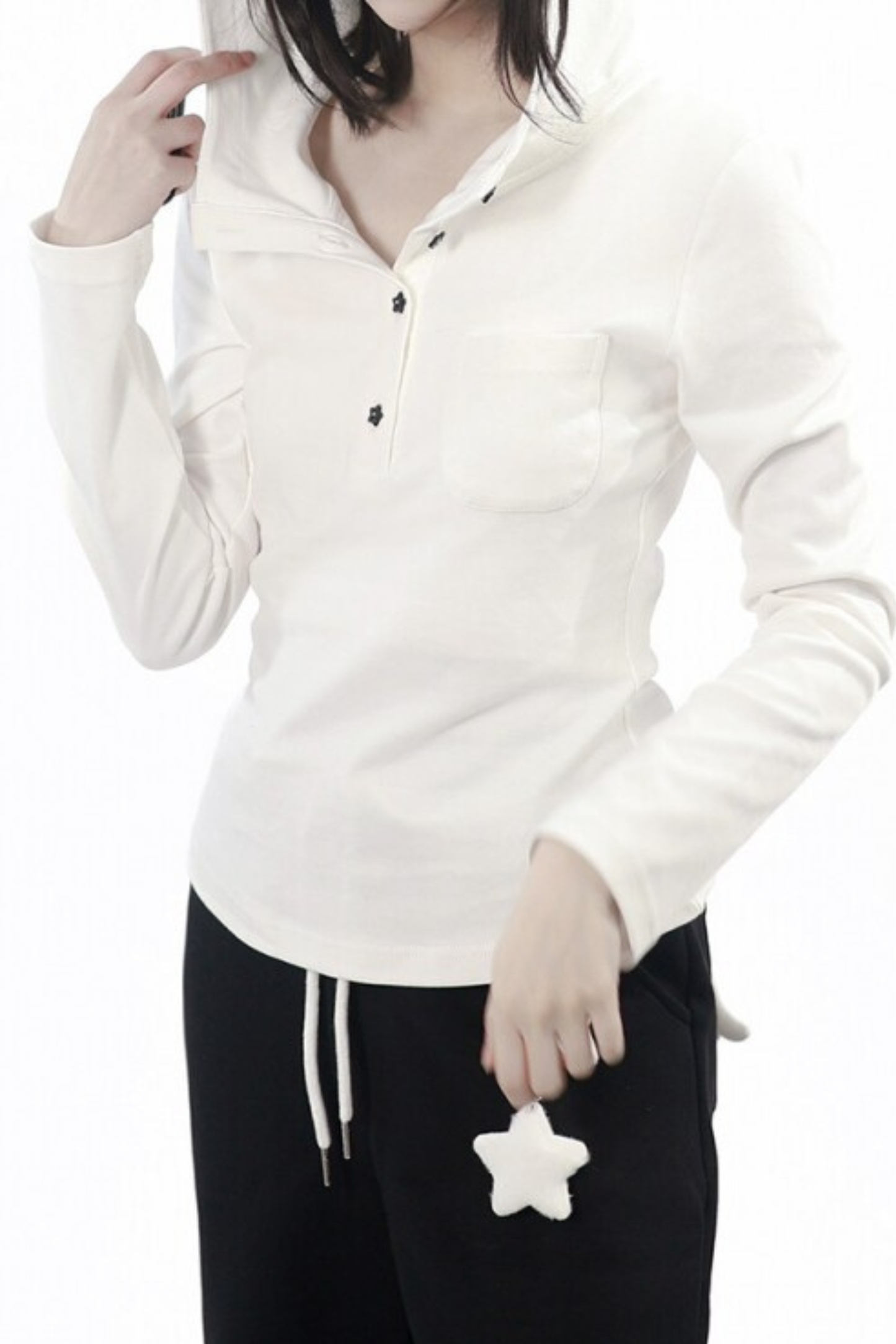 Star Button Hooded Top