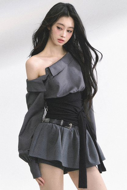 ウエストバンド付きワンショルダーシャツ