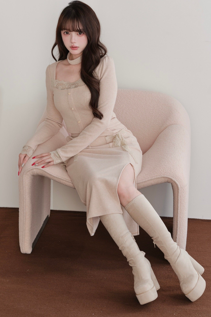 レディタイトトップス+スリットリボンスカート