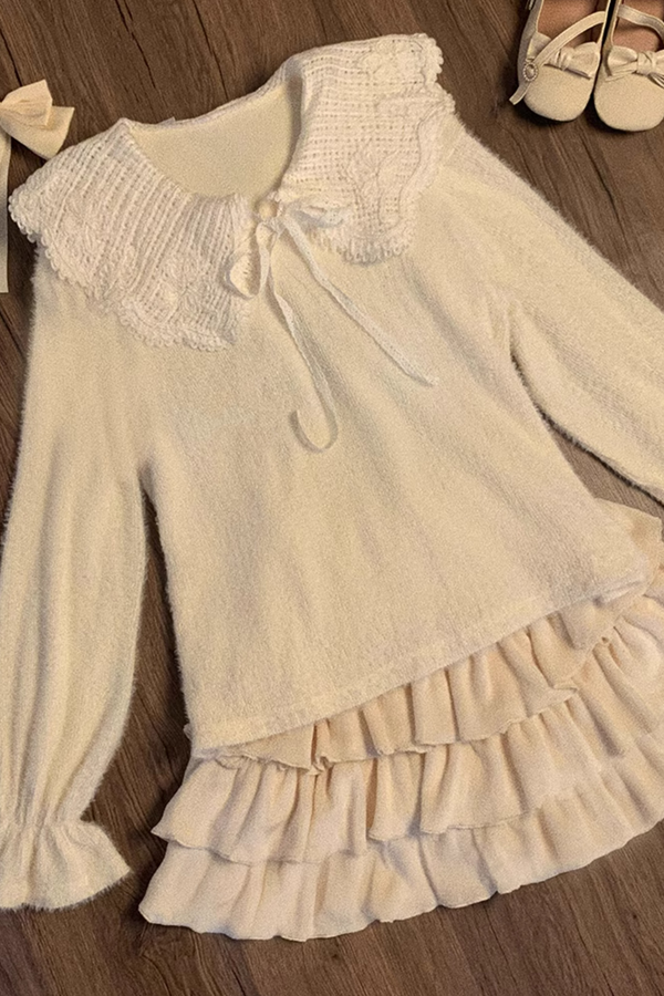 Little feather doll top + tiered skirt + cardigan