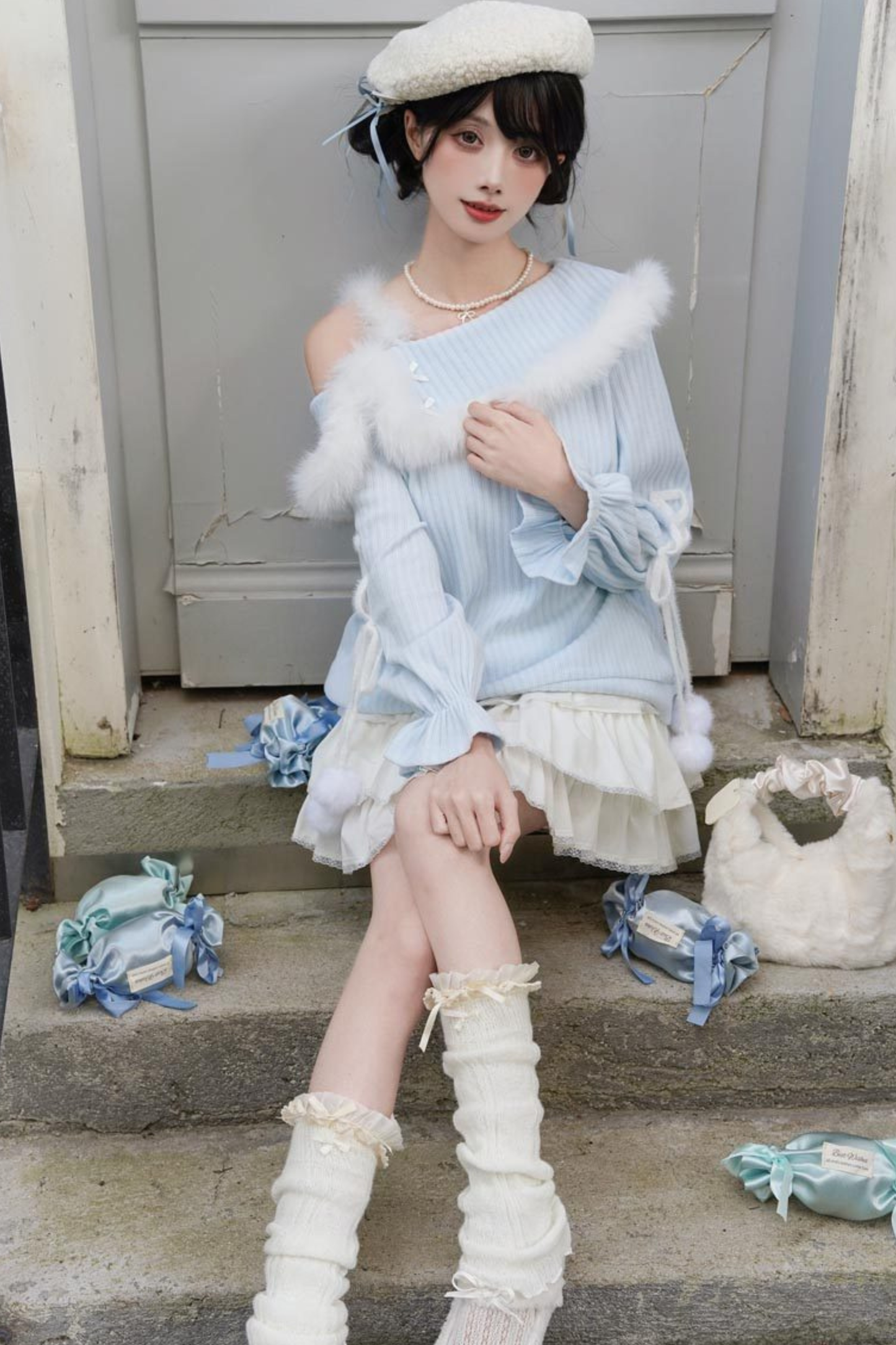 スイートブルーオフショルダーニットトップス