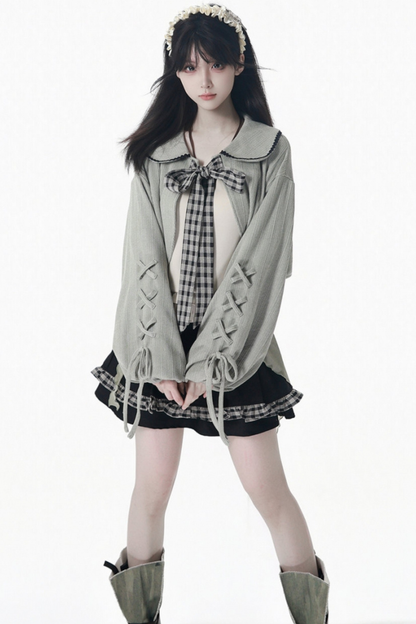 Check Ribbon Camisole Two Piece Jacket + Cape Coat + Skirt