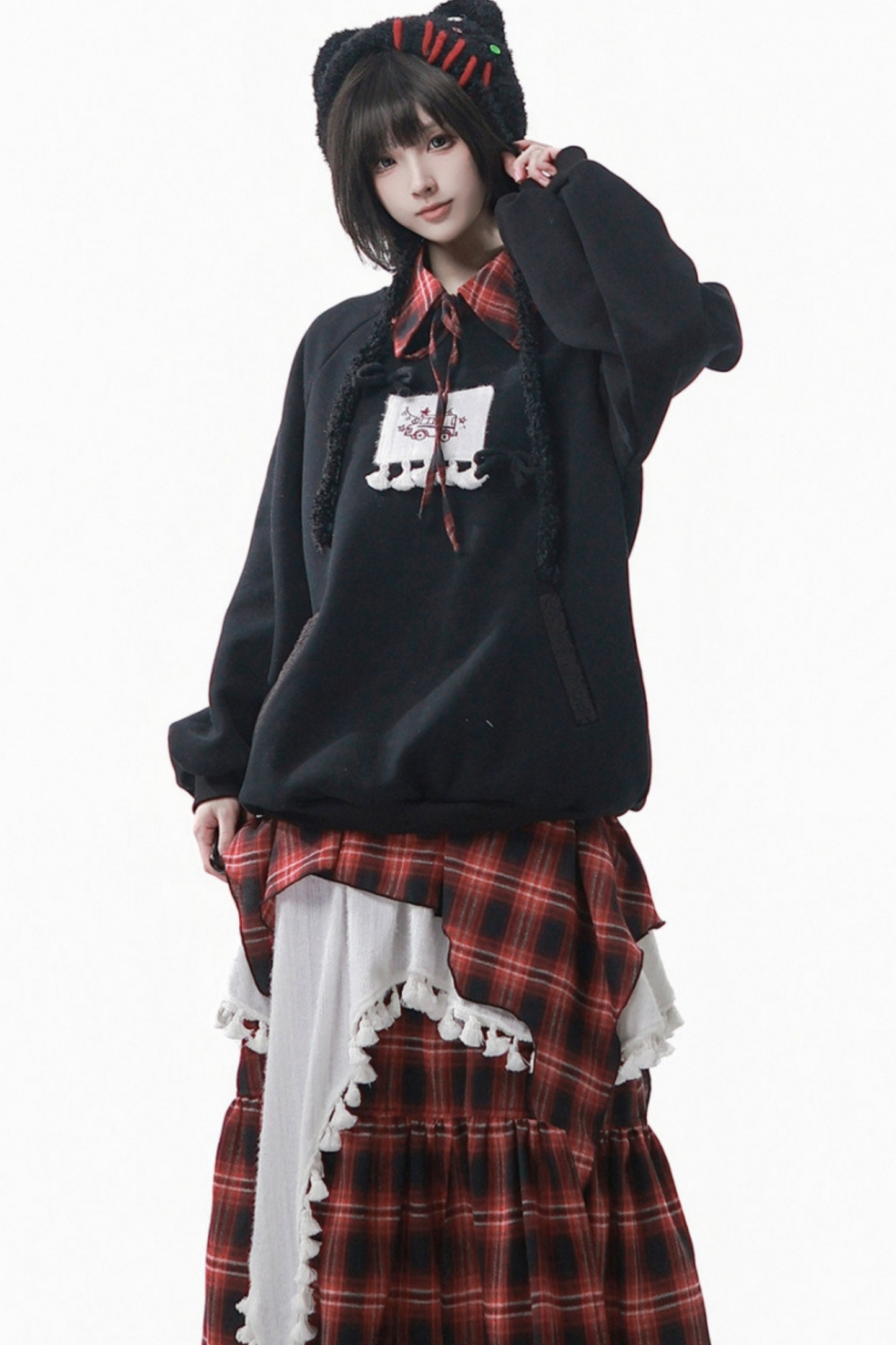 ルーズフリーススウェット+チェックスカート