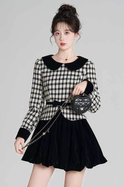 ベルベットモノクロチェックドレス