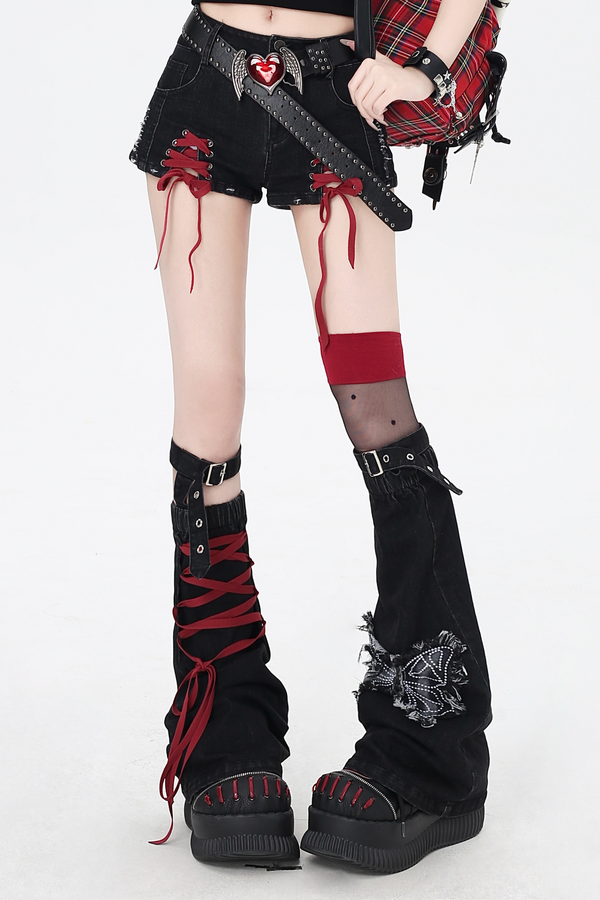 カラーレースアップリボンデニムショーツ