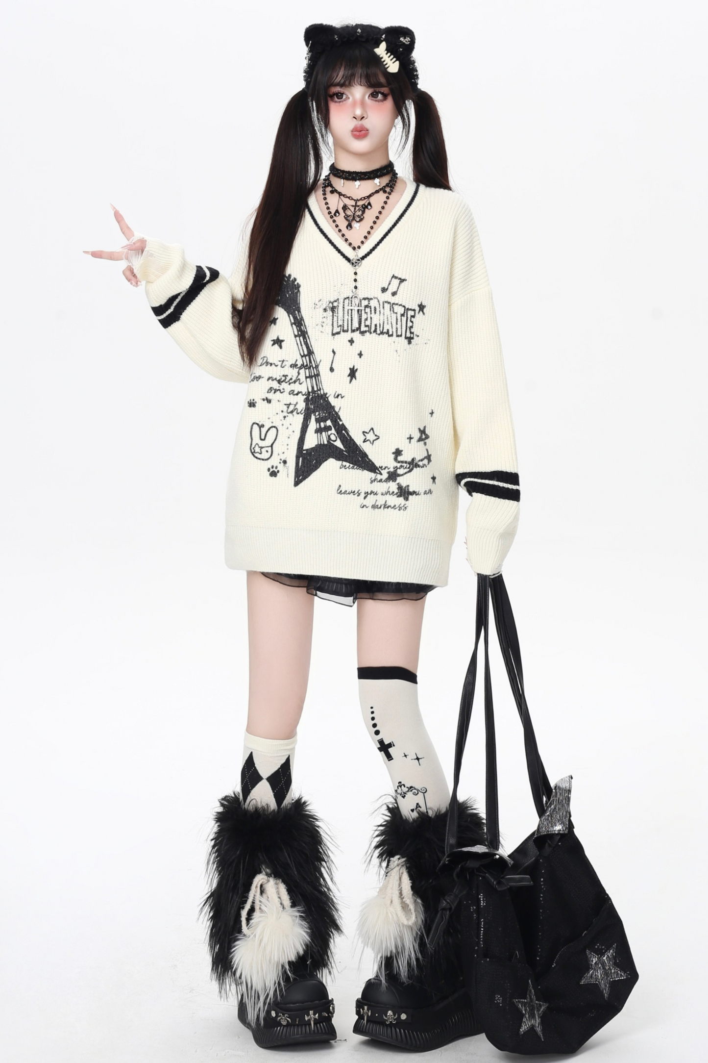 クールロックスタイルギターVネックルーズロングスリーブニット