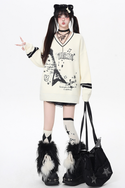 クールロックスタイルギターVネックルーズロングスリーブニット