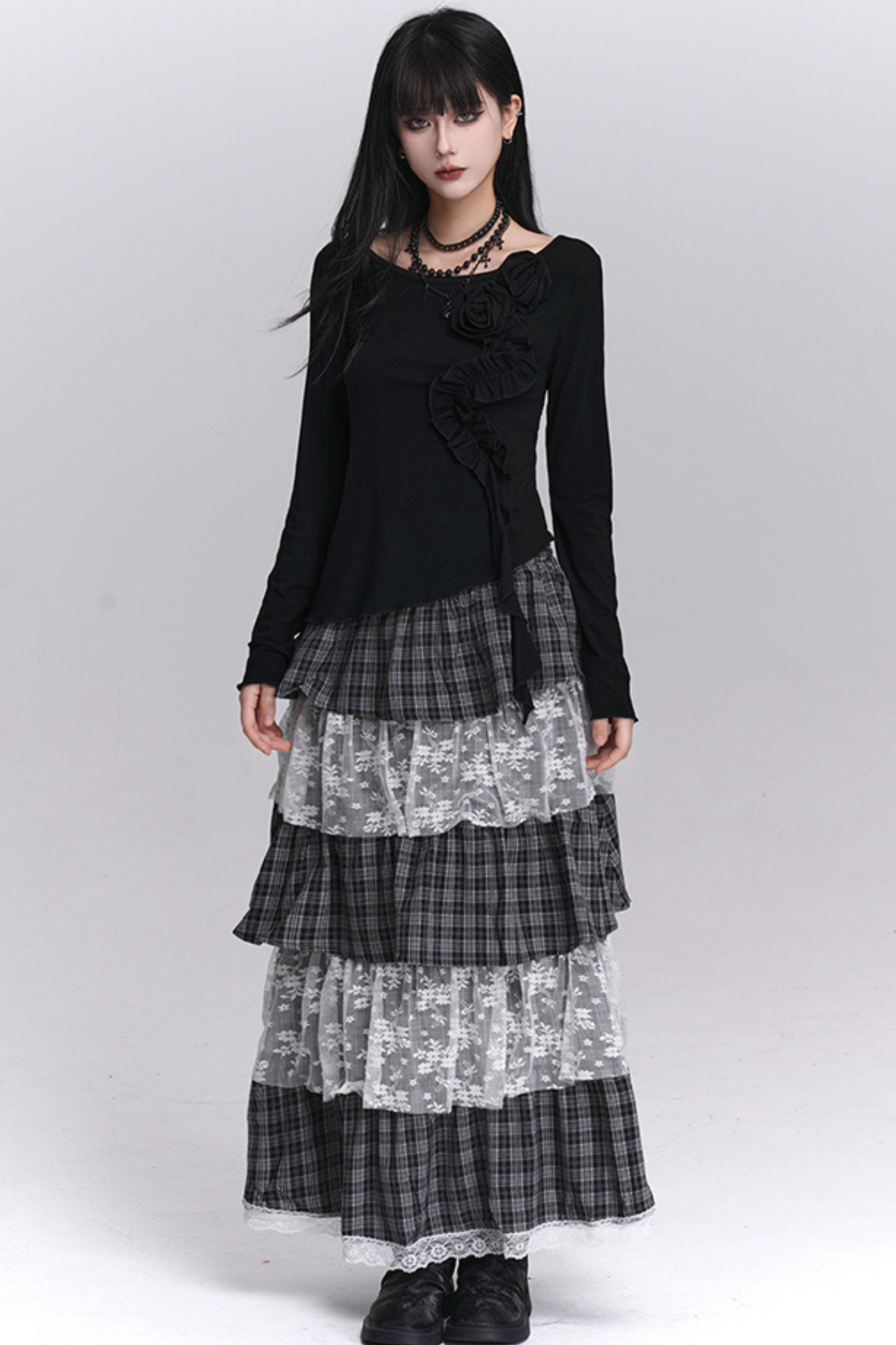 チェックティアードレースロングスカート