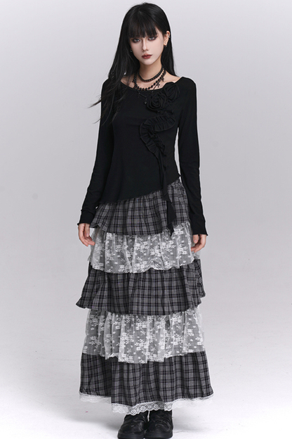 チェックティアードレースロングスカート