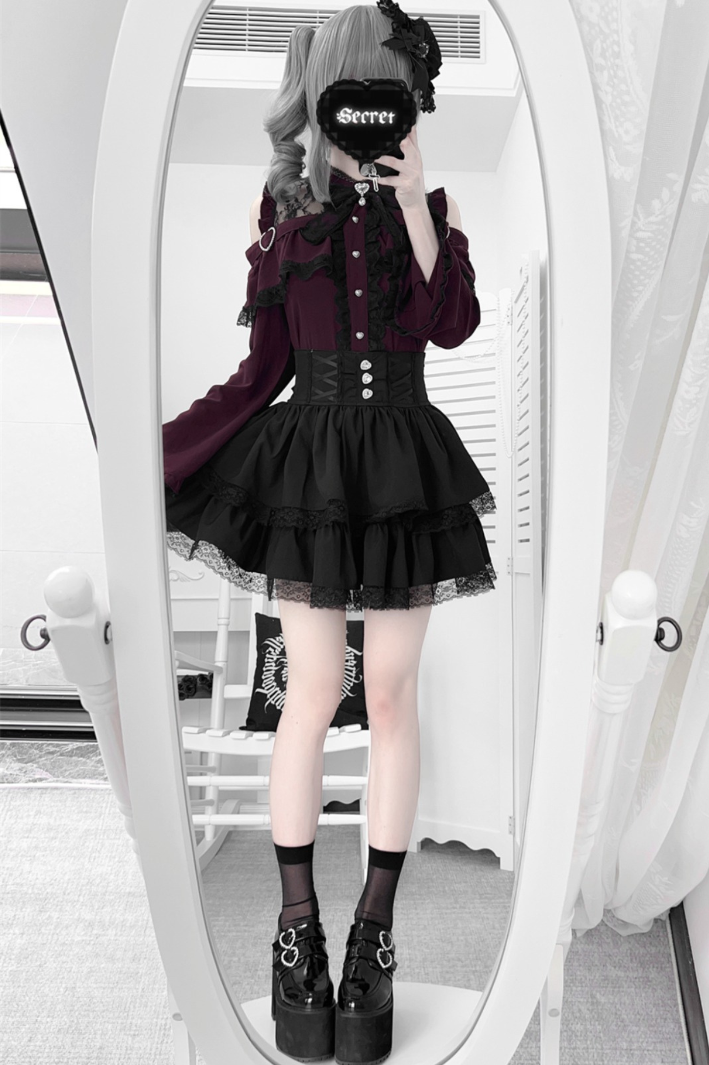 Lace off-the-shoulder shirt + lace-up skirt