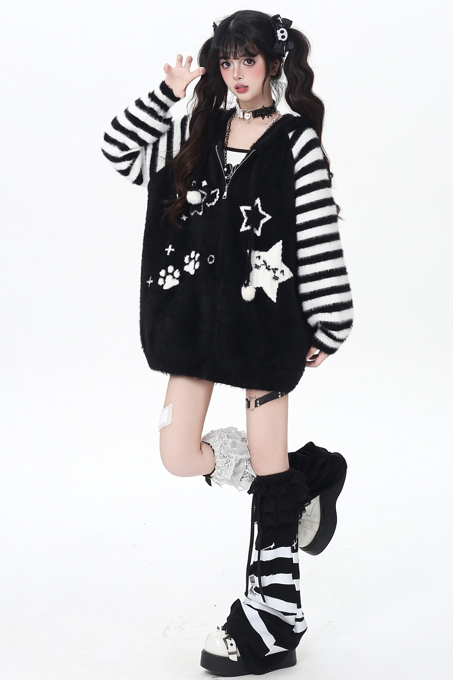 Star Line Striped Hooded Knit Cardigan