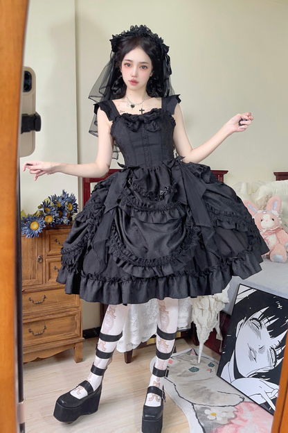 Dark Gothic Ribbon Lolita Dress + Waist Belt + Train + Hairband