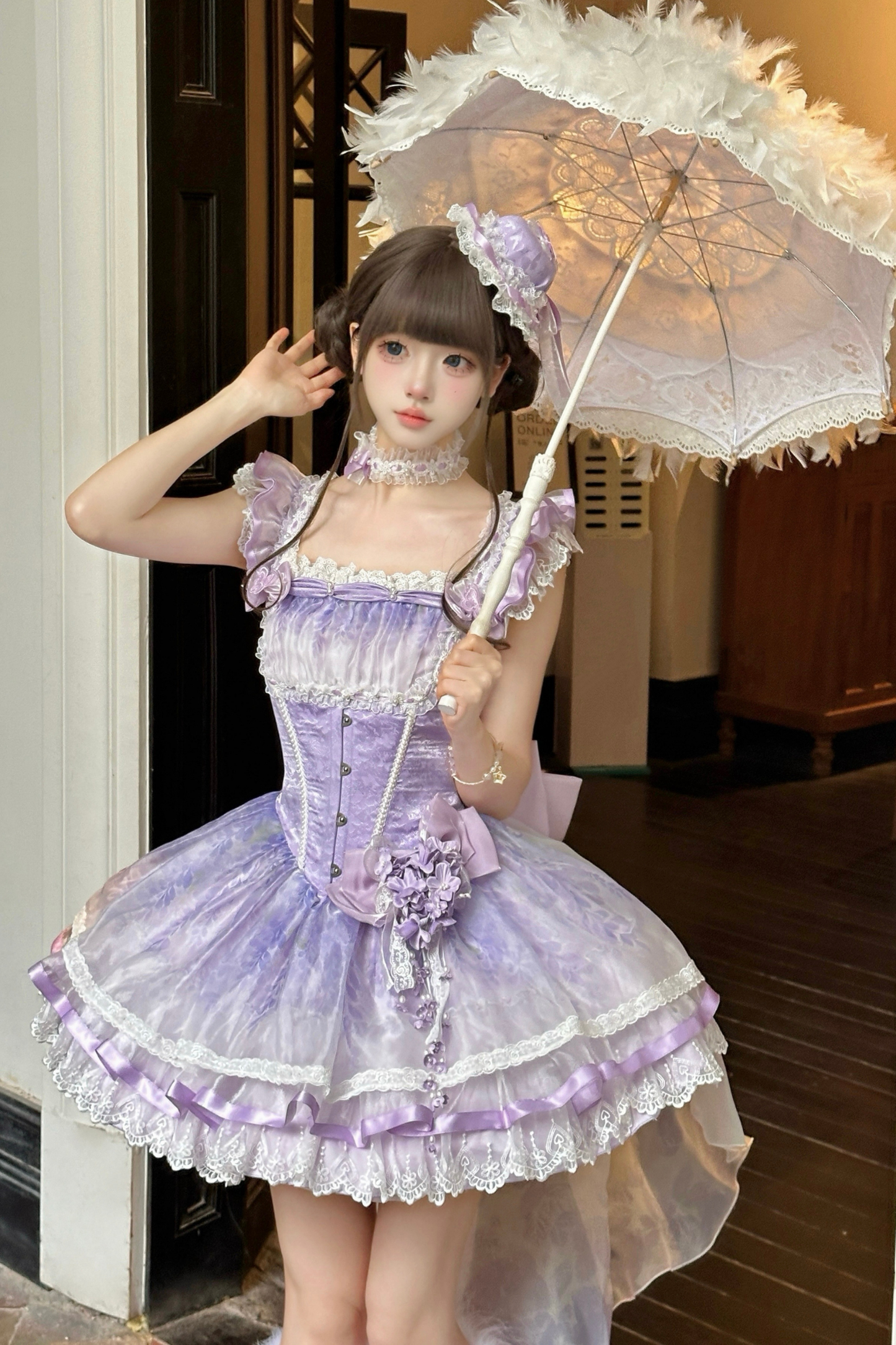 【予約商品】バレエスタイルエレガントドレス+ハット+ヘアバンド+リボンテール