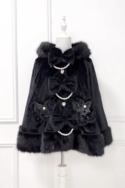 Pearl Ribbon Fur Hooded Flared Coat