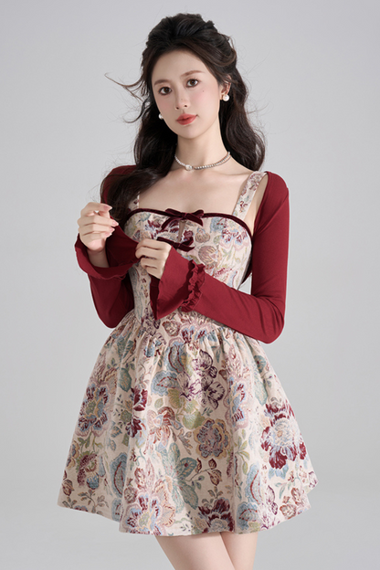 Retro Breeze Fragrance Dress + Short Cardigan