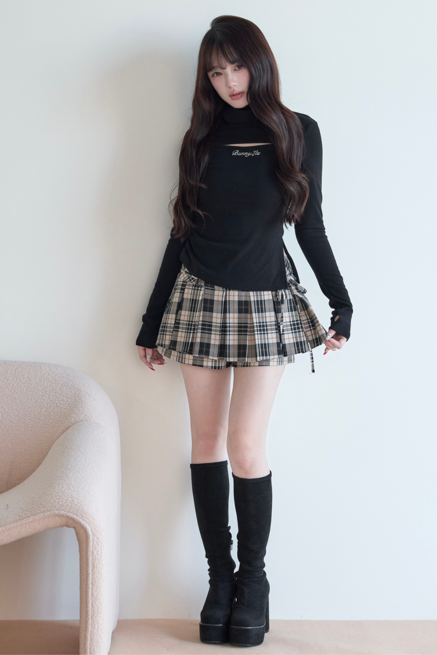 High Neck Knit Top + Check Skirt