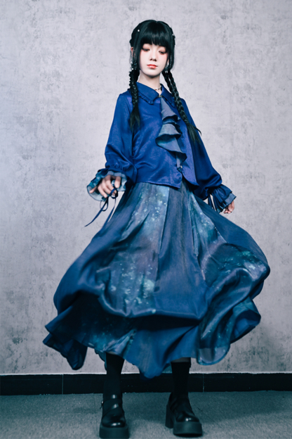 Blue World Floating Light Splice Ruffle Lantern Sleeve Shirt