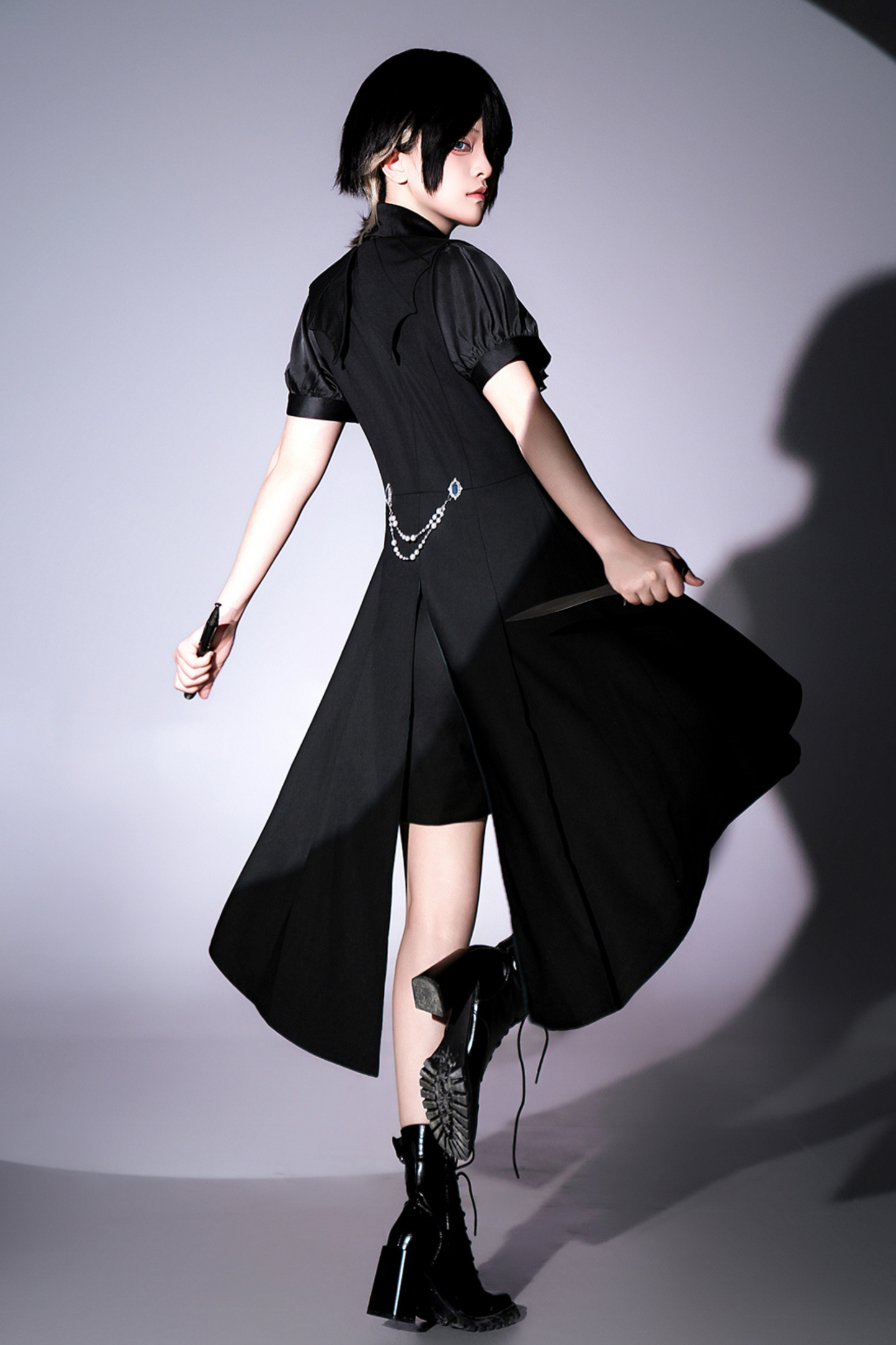 Dark mode asymmetrical jacket + dress + pants