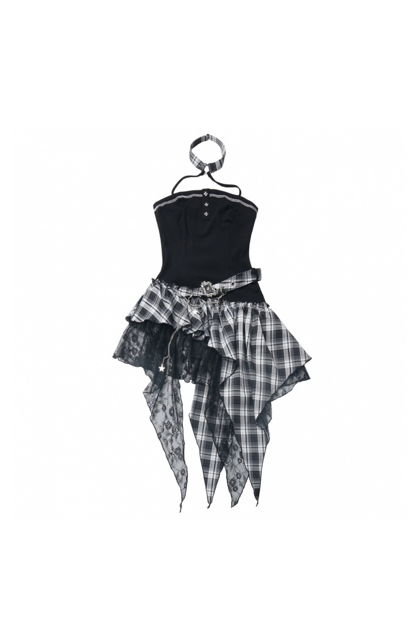 ロックシックチェックドレス＋ワンショルダーショートトップス＋ショートパンツ