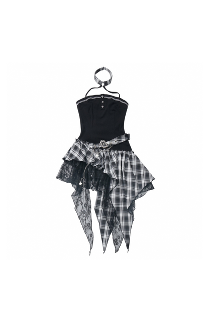 ロックシックチェックドレス＋ワンショルダーショートトップス＋ショートパンツ