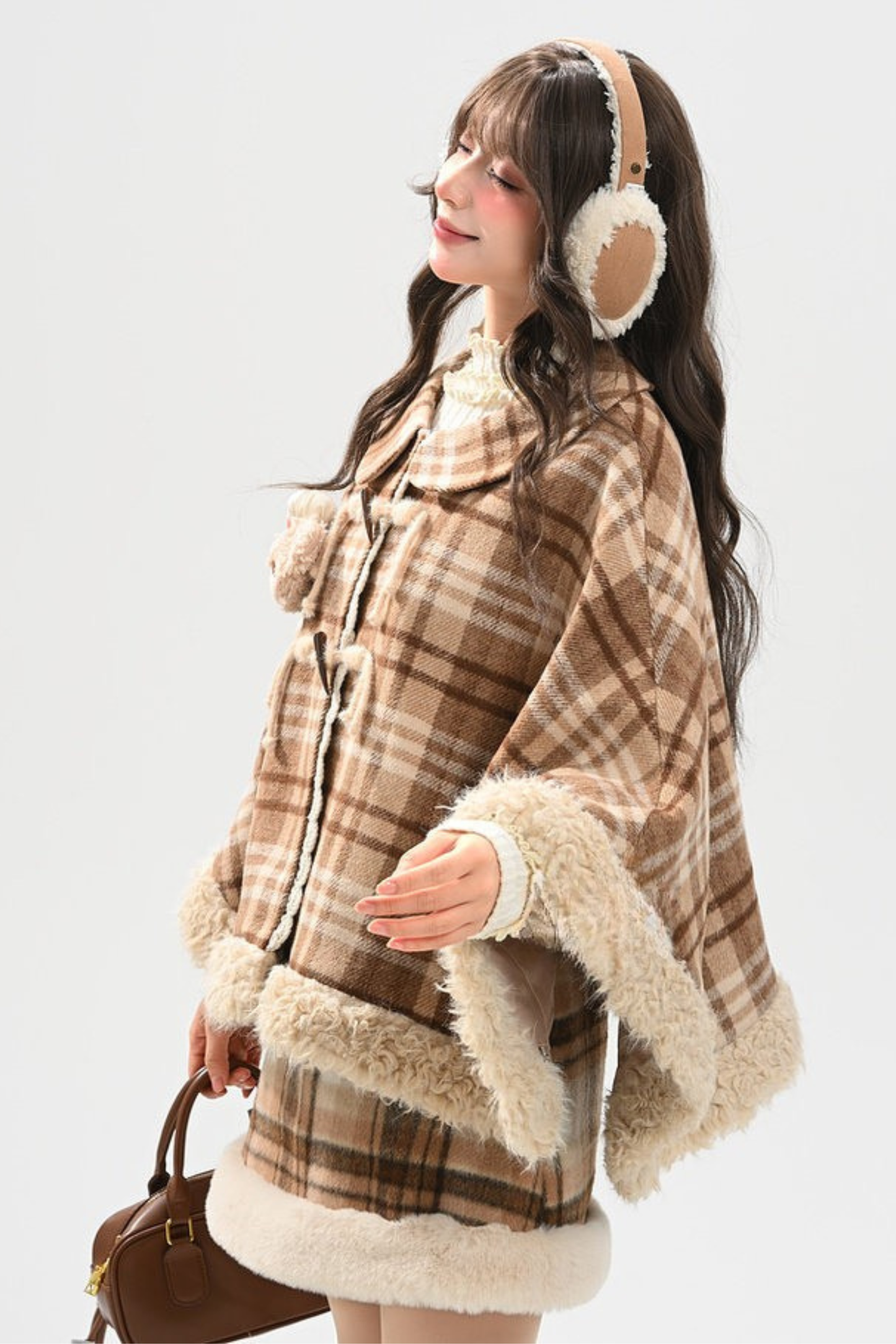 カラーブロックチェックマントコート