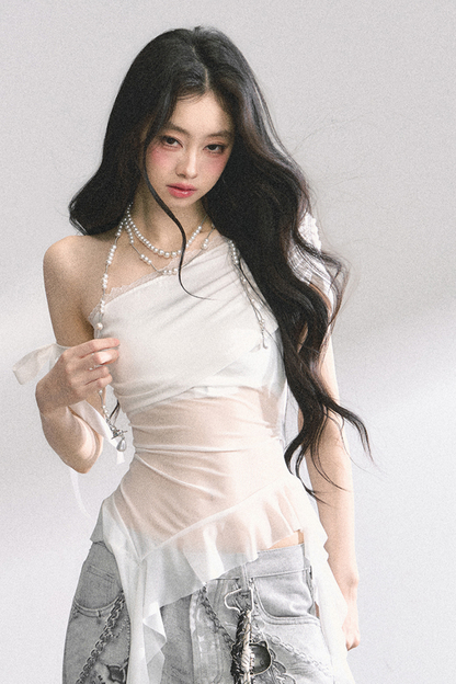 シアーオフショルダートップス