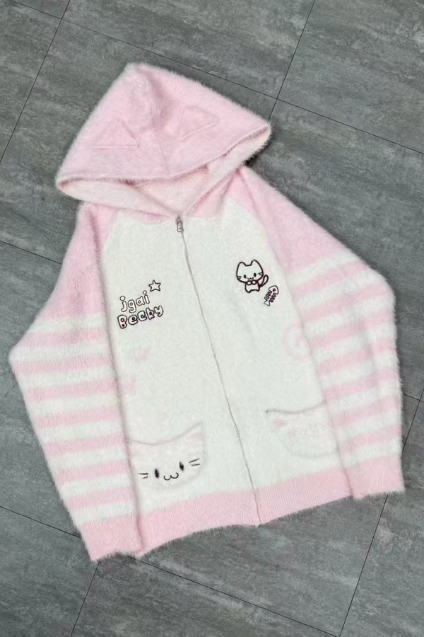 Cat Loose Hood Zipper Cardigan